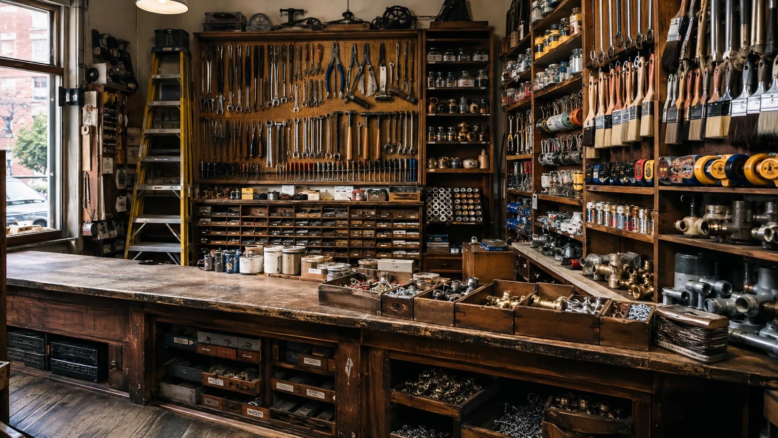 Long-running Park Slope hardware store with hand tools, fasteners, paint supplies, ladders, and a service counter
