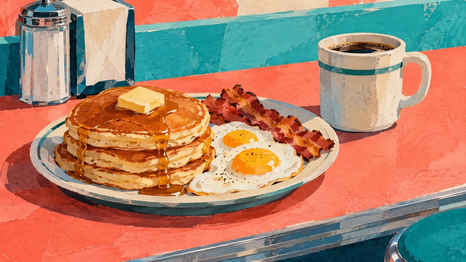 Conceptual editorial illustration for Tom's Restaurant; not a photograph or documentary depiction of the establishment.