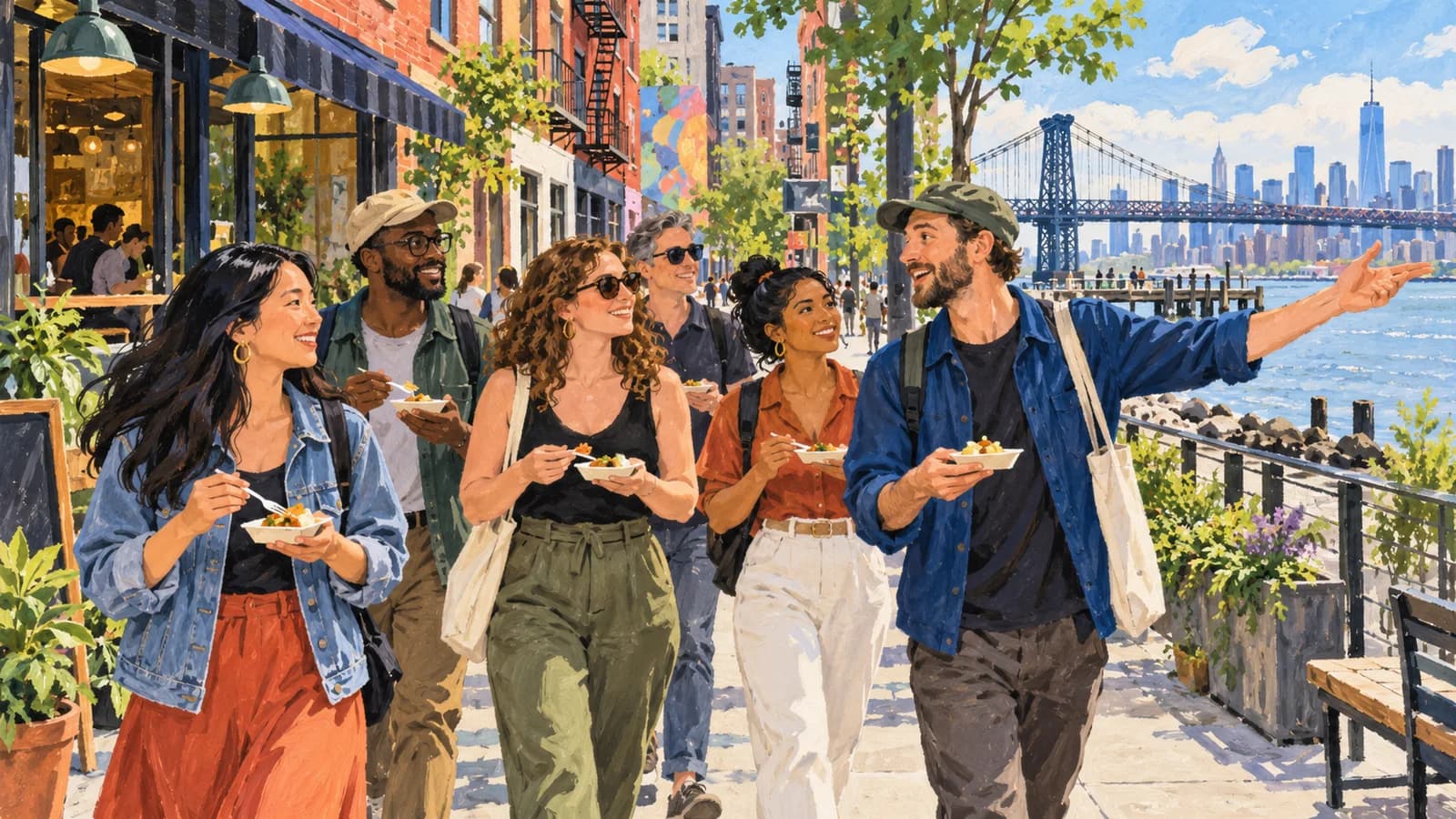 Original editorial illustration of a small guided food-tour group walking and tasting along the Williamsburg waterfront.