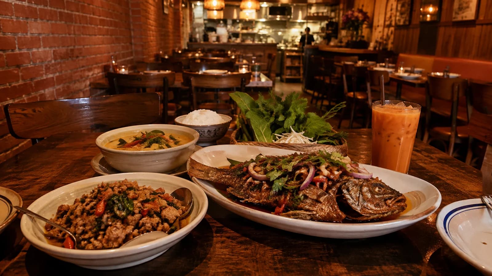 Southern Thai shared dinner with whole fish, curry, spicy minced meat, herbs, rice, and iced tea