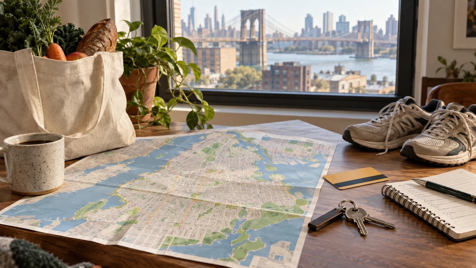 A map, grocery tote, keys, notebook and walking shoes arranged for Brooklyn neighborhood research