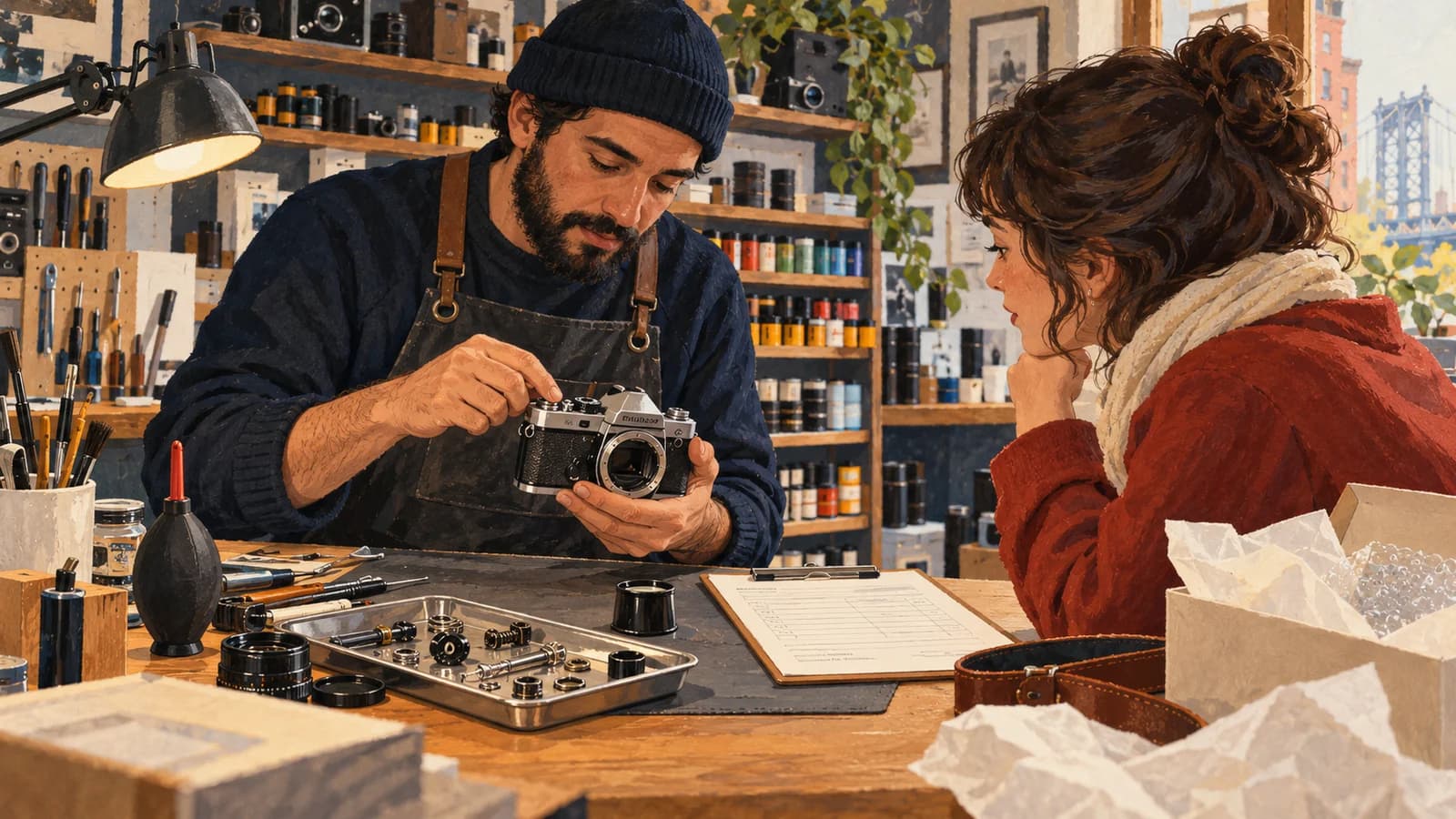 Original editorial gouache illustration of a technician and customer reviewing a vintage camera, parts tray and estimate at a repair bench.