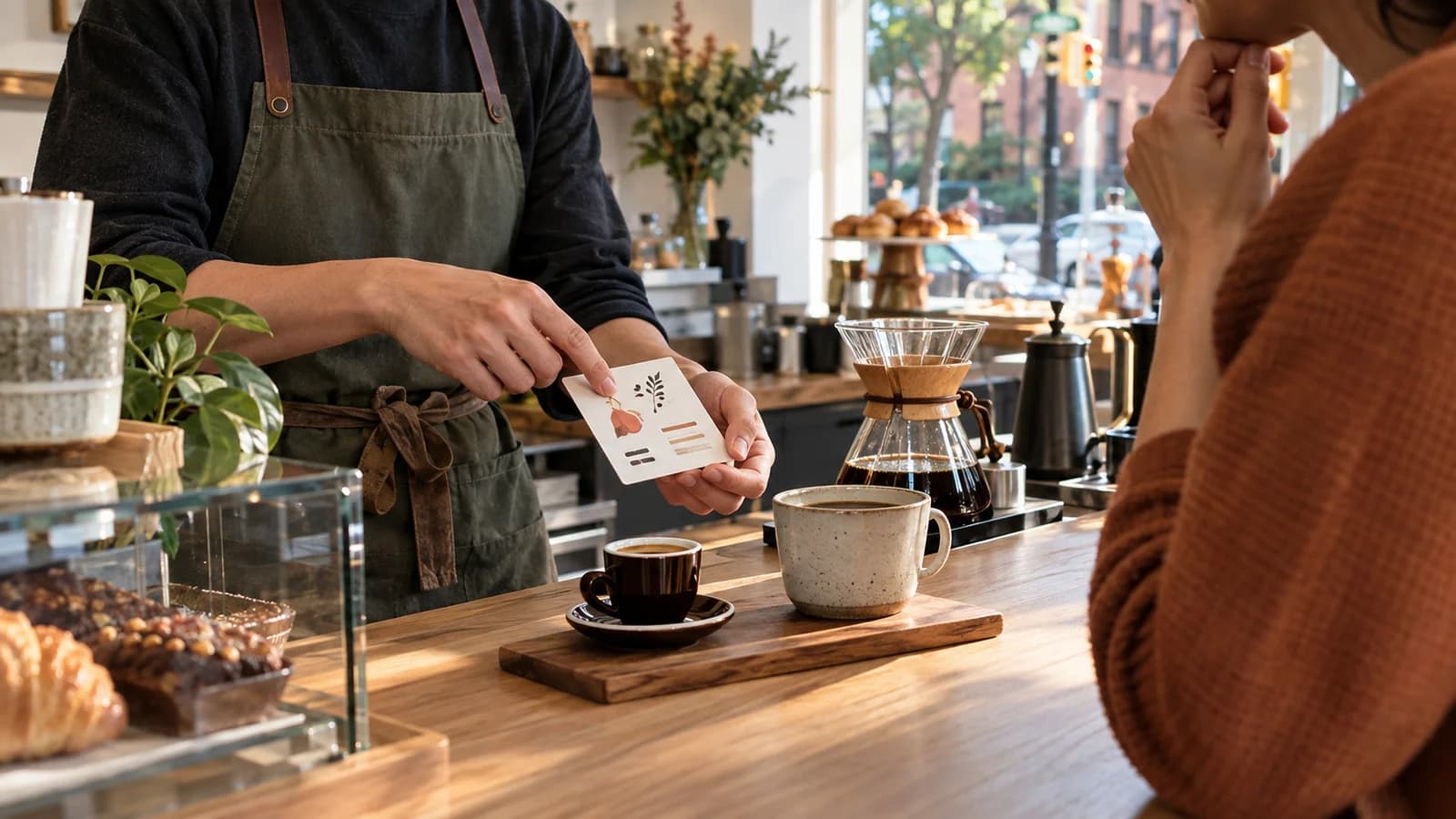 Original editorial scene of a barista helping a customer choose coffee by flavor at a bright Brooklyn cafe