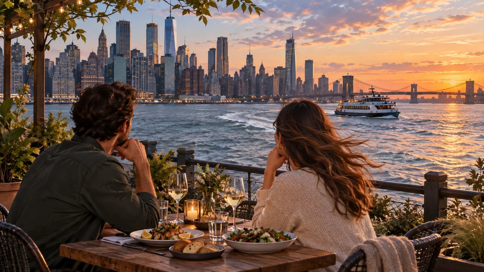 Brooklyn waterfront dining table with ferry wake and breezy evening conditions