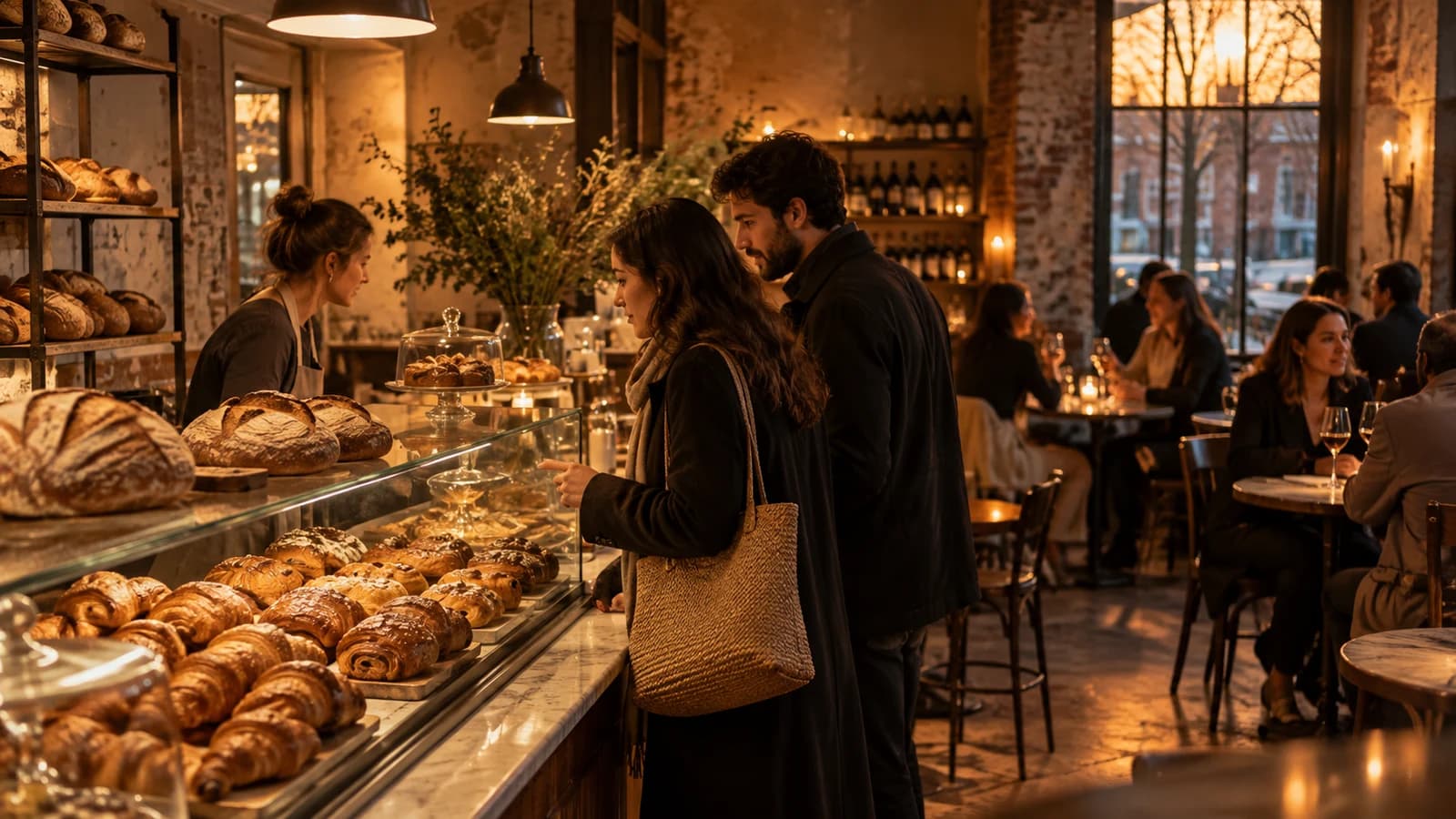 Original editorial scene of a Brooklyn French bakery shifting from pastry service to an evening wine bar