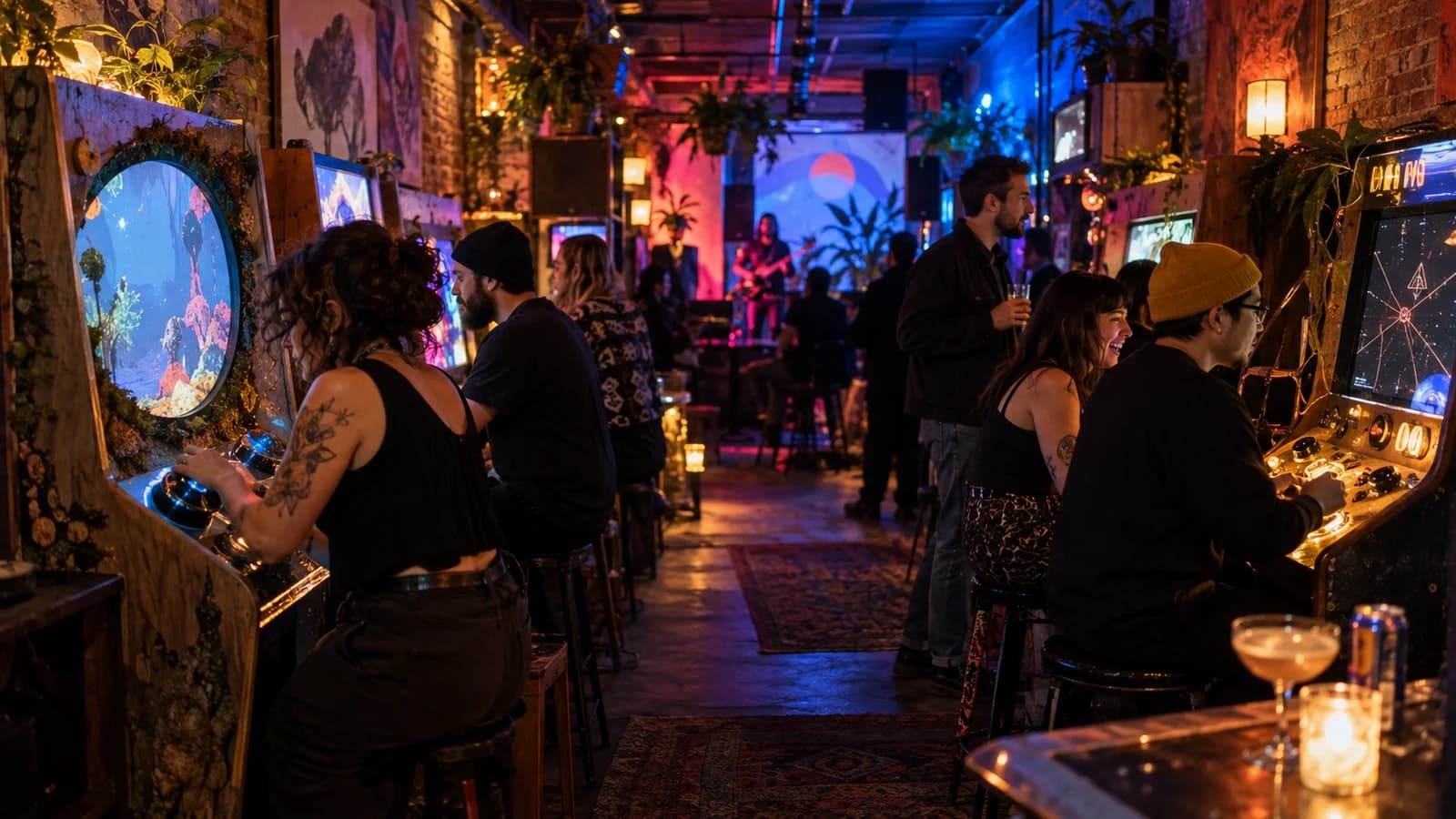 Original editorial illustration of adults playing handmade independent arcade cabinets in a colorful Bushwick gallery bar