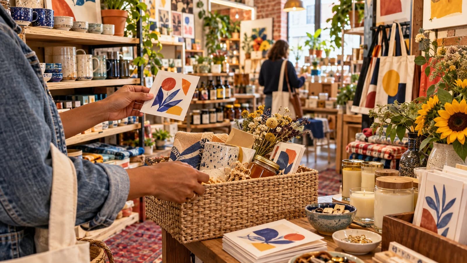 Original editorial scene of a shopper assembling a gift from ceramics, pantry goods and art by local makers