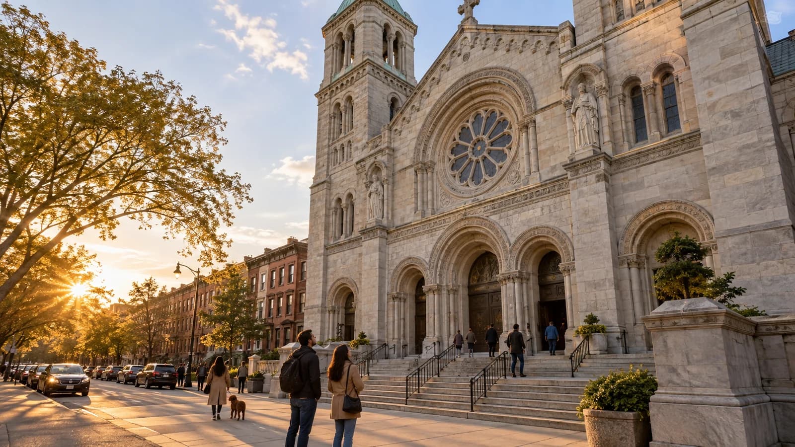 Original editorial image of visitors pausing outside a monumental Romanesque Revival church on a Brooklyn avenue