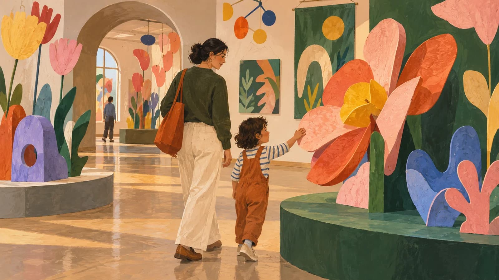 Conceptual illustration of a family exploring an imaginary flower-filled museum gallery, not a reproduction of Mika Ninagawa’s installation.