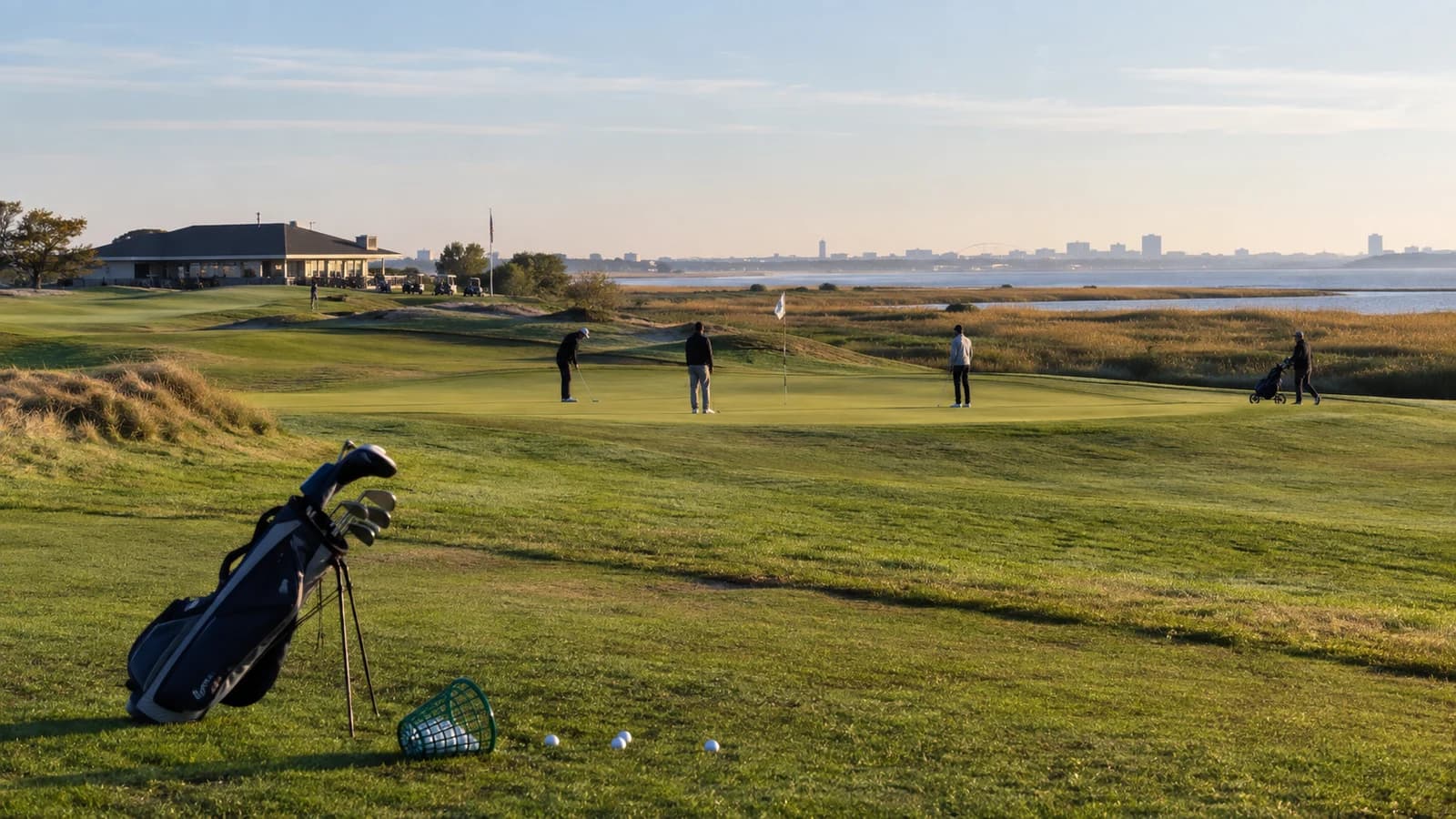 Original editorial image of golfers practicing on a public links-style course beside Jamaica Bay