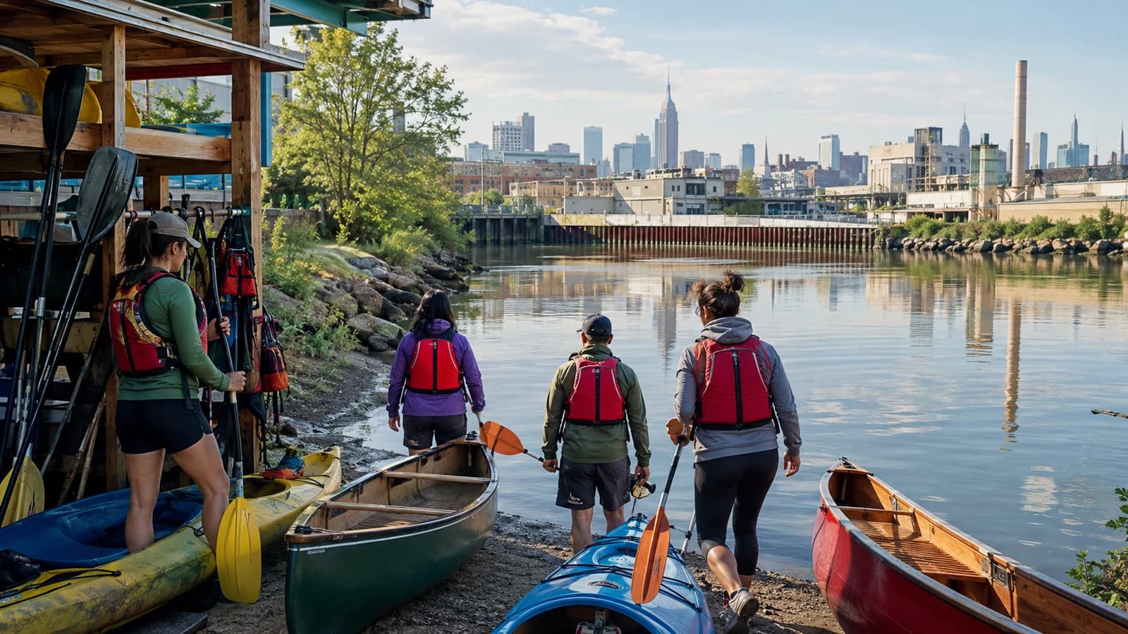 Paddlers in life jackets preparing canoes and kayaks at a calm industrial Greenpoint waterfront