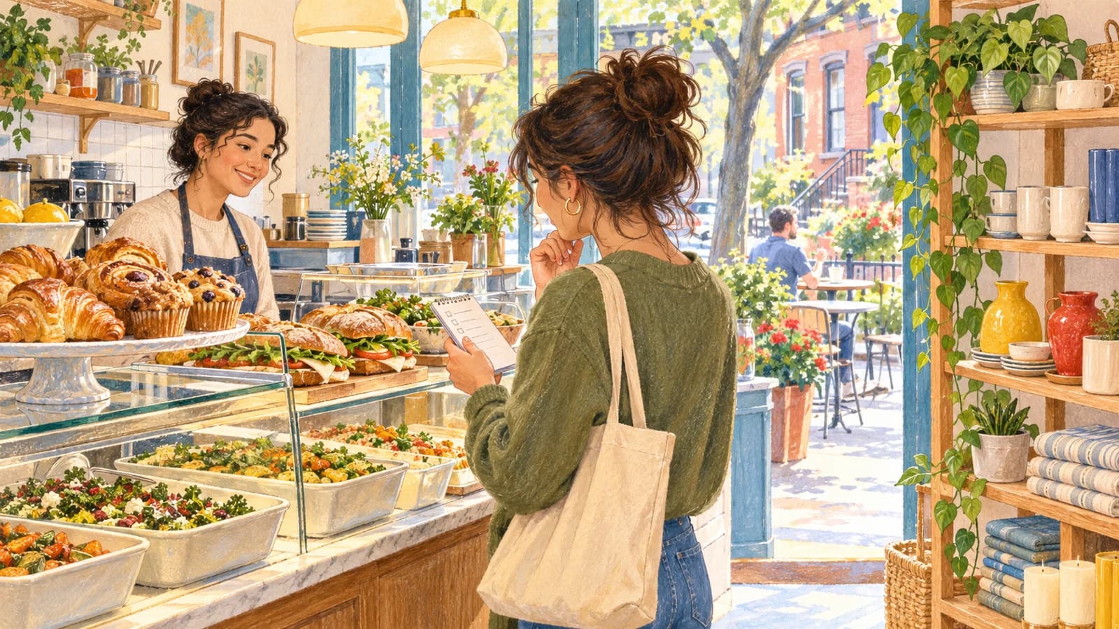 Original editorial watercolor illustration of a customer choosing among pastries, sandwiches, prepared foods and home goods at a bright Brooklyn cafe market.
