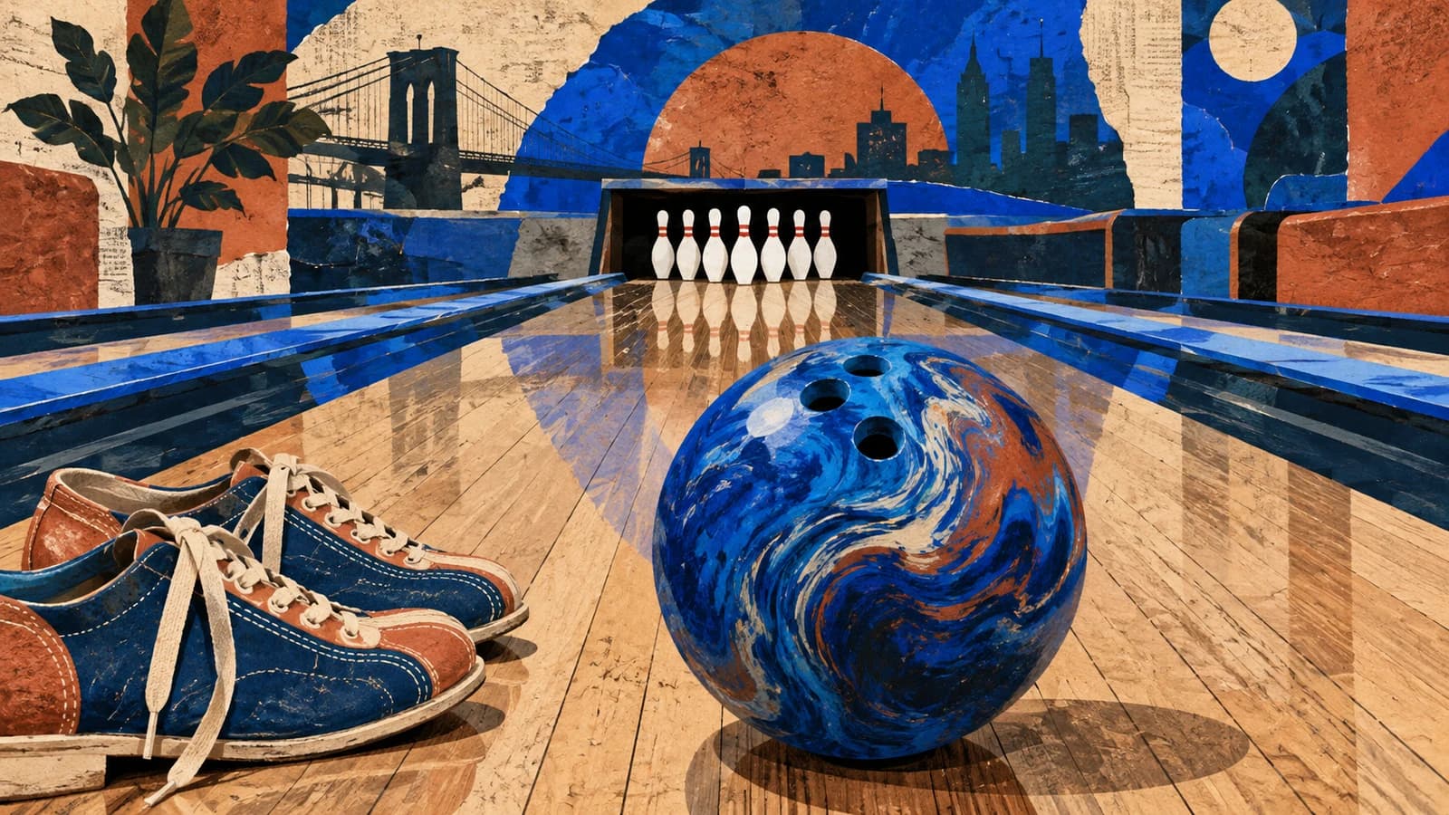 Conceptual editorial illustration of bowling alley planning in Brooklyn; not a documentary depiction of Brooklyn Bowl.