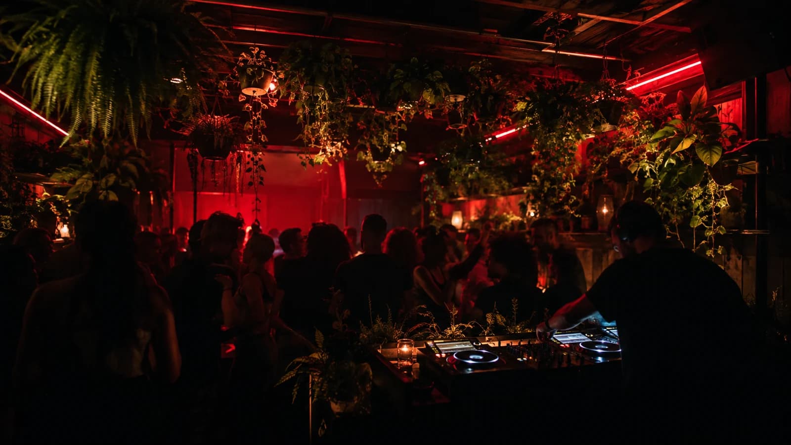 Intimate electronic music dance floor under hanging plants and red light with a close DJ booth