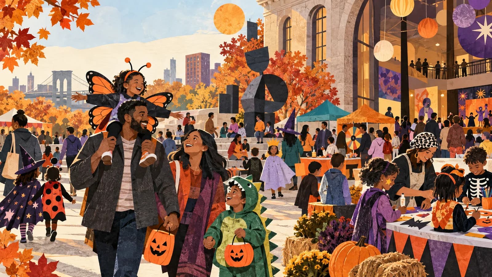Original editorial paper-collage illustration of Brooklyn families in colorful costumes enjoying crafts and carnival activities at an autumn arts plaza.