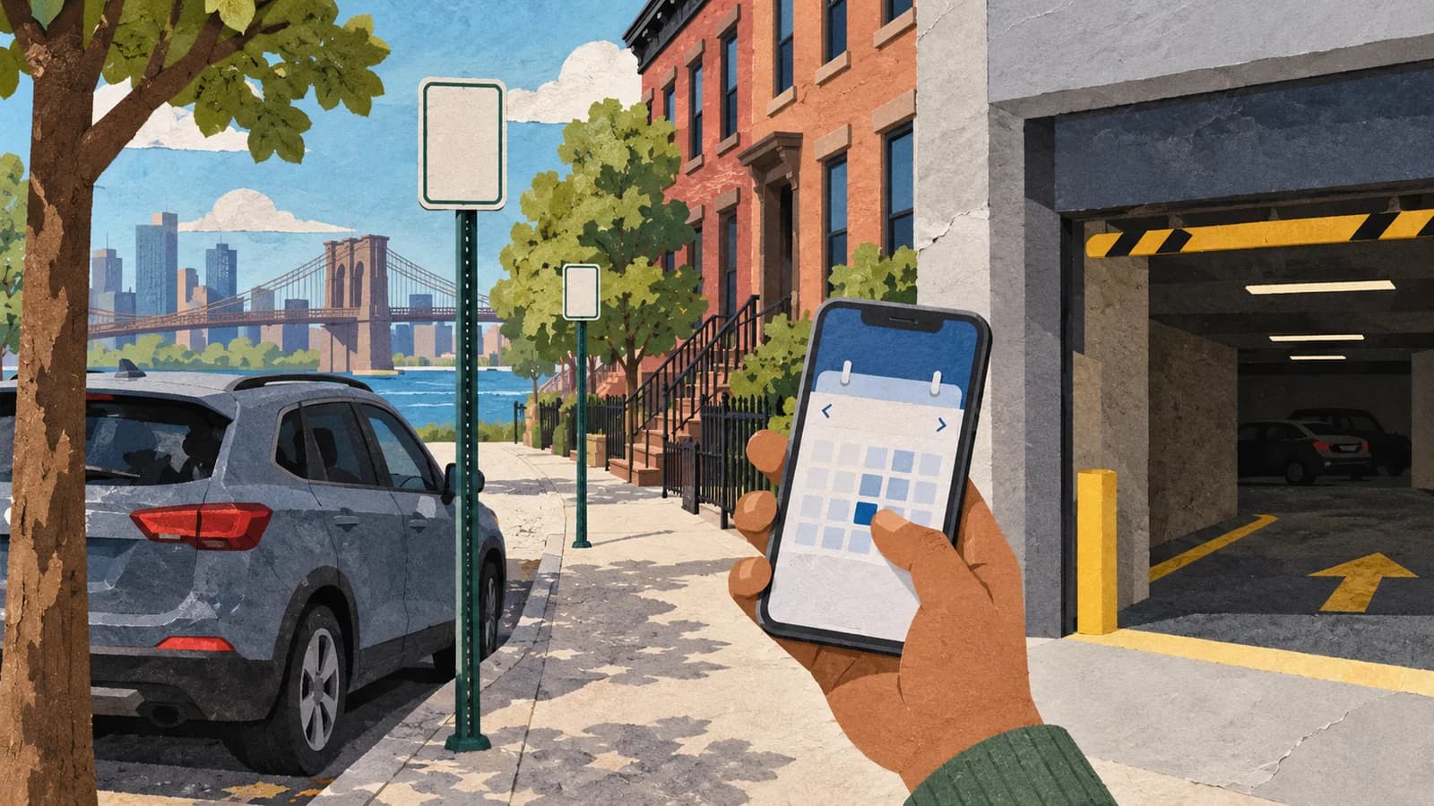Conceptual editorial illustration of parking tips planning in Brooklyn; not a documentary depiction of Brooklyn parking tips.