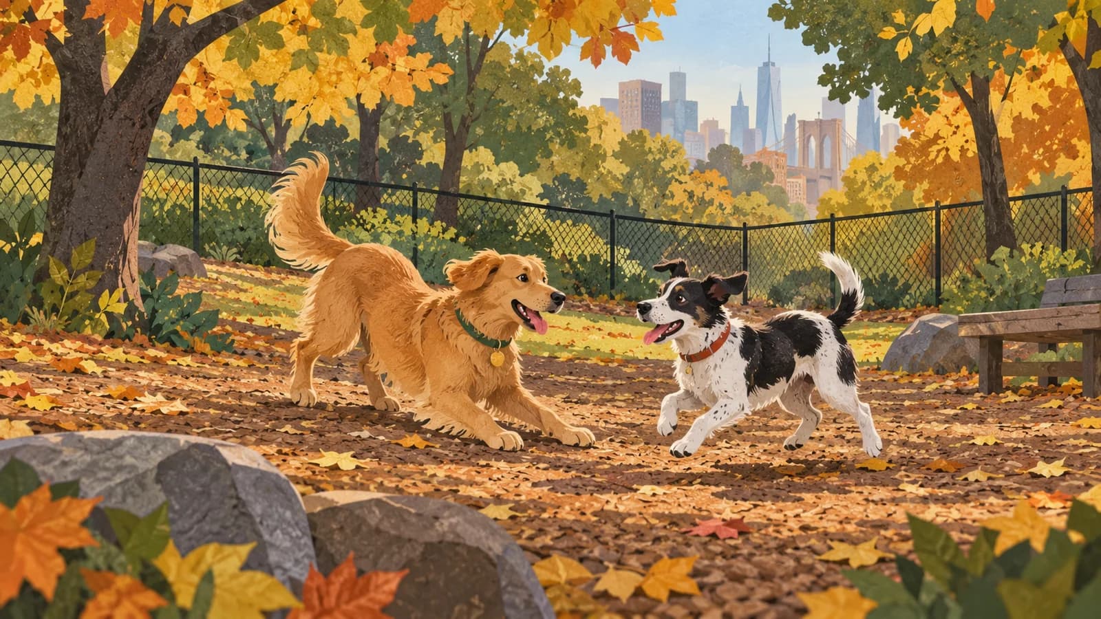 Conceptual editorial illustration of dog park planning in Brooklyn; not a documentary depiction of Hillside Dog Park.