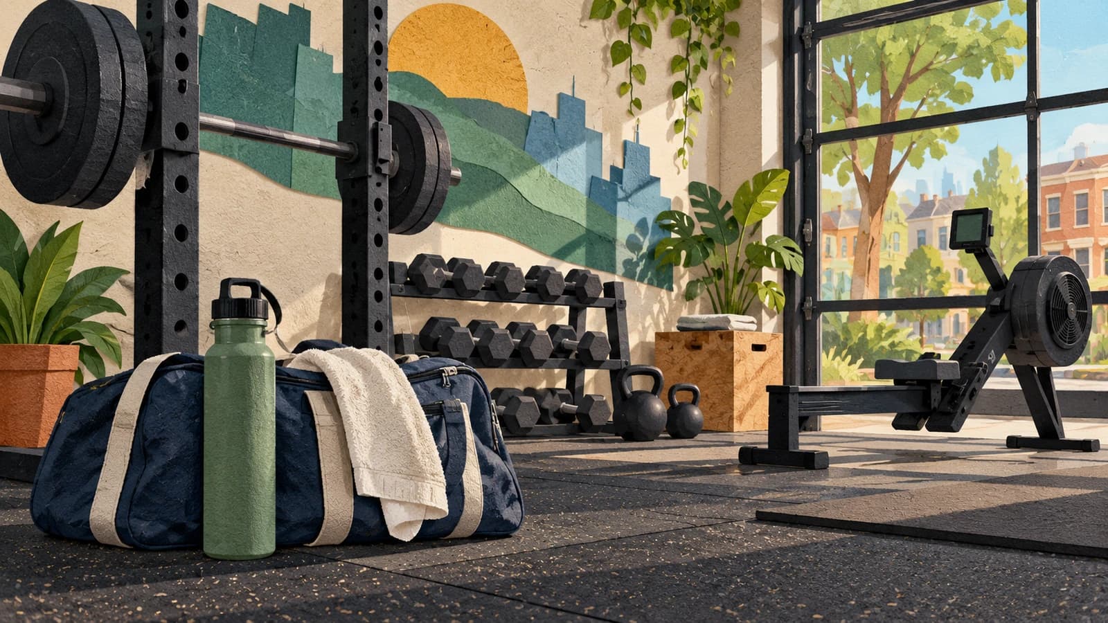 Conceptual editorial illustration for Elite Fitness Studio; not a documentary depiction of the venue.