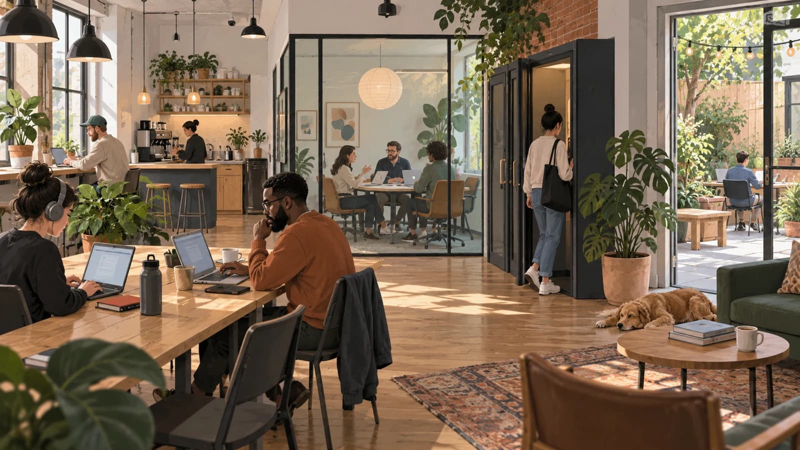 Illustration of an airy Brooklyn coworking space with hot desks, meeting room, phone booths, coffee area and backyard light.