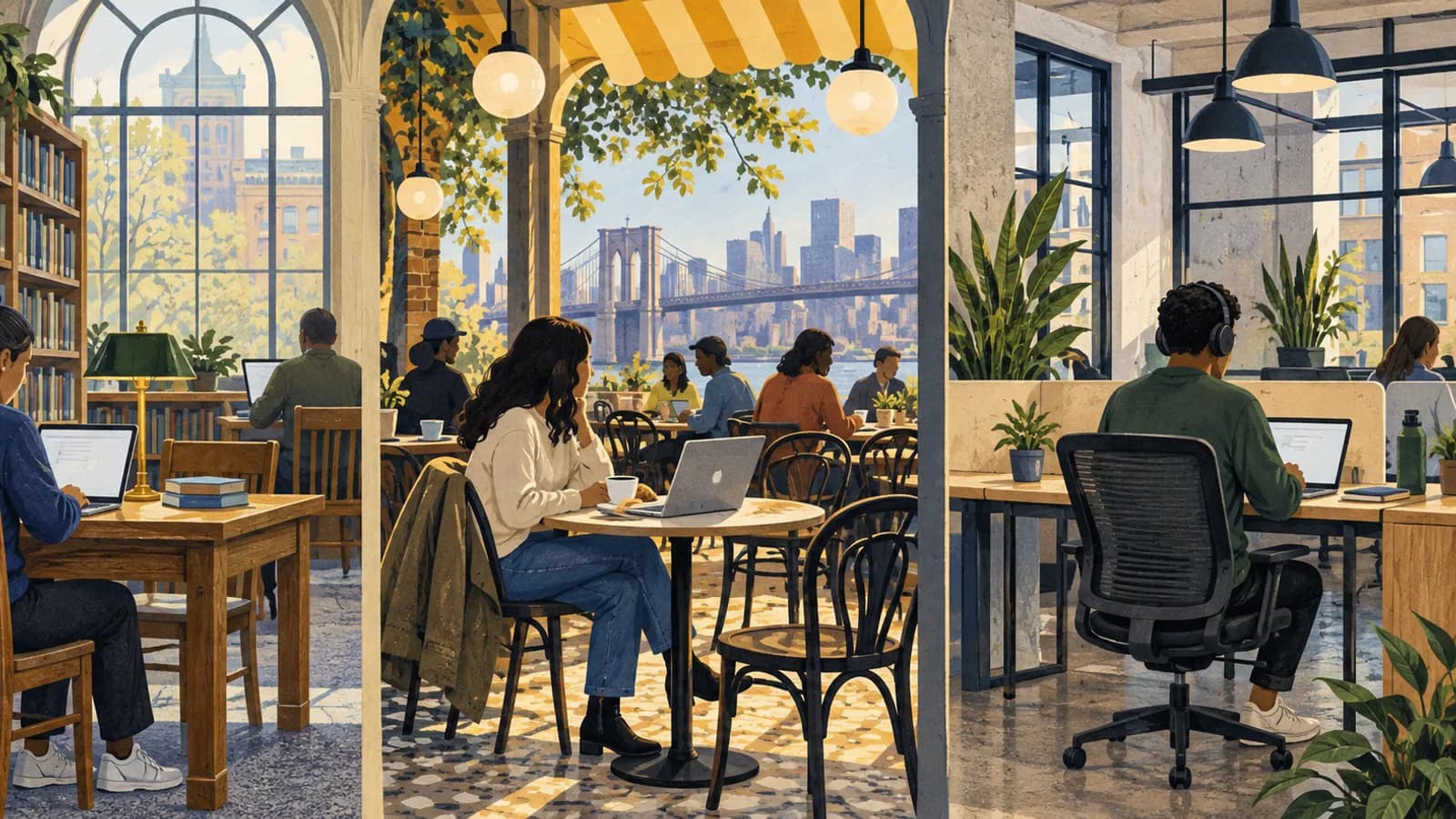 Three generic Brooklyn work settings comparing a library table, cafe seat and coworking desk