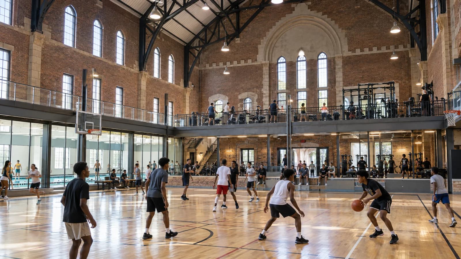 Original editorial image of Brooklyn residents using a basketball court and fitness areas inside a restored Crown Heights armory