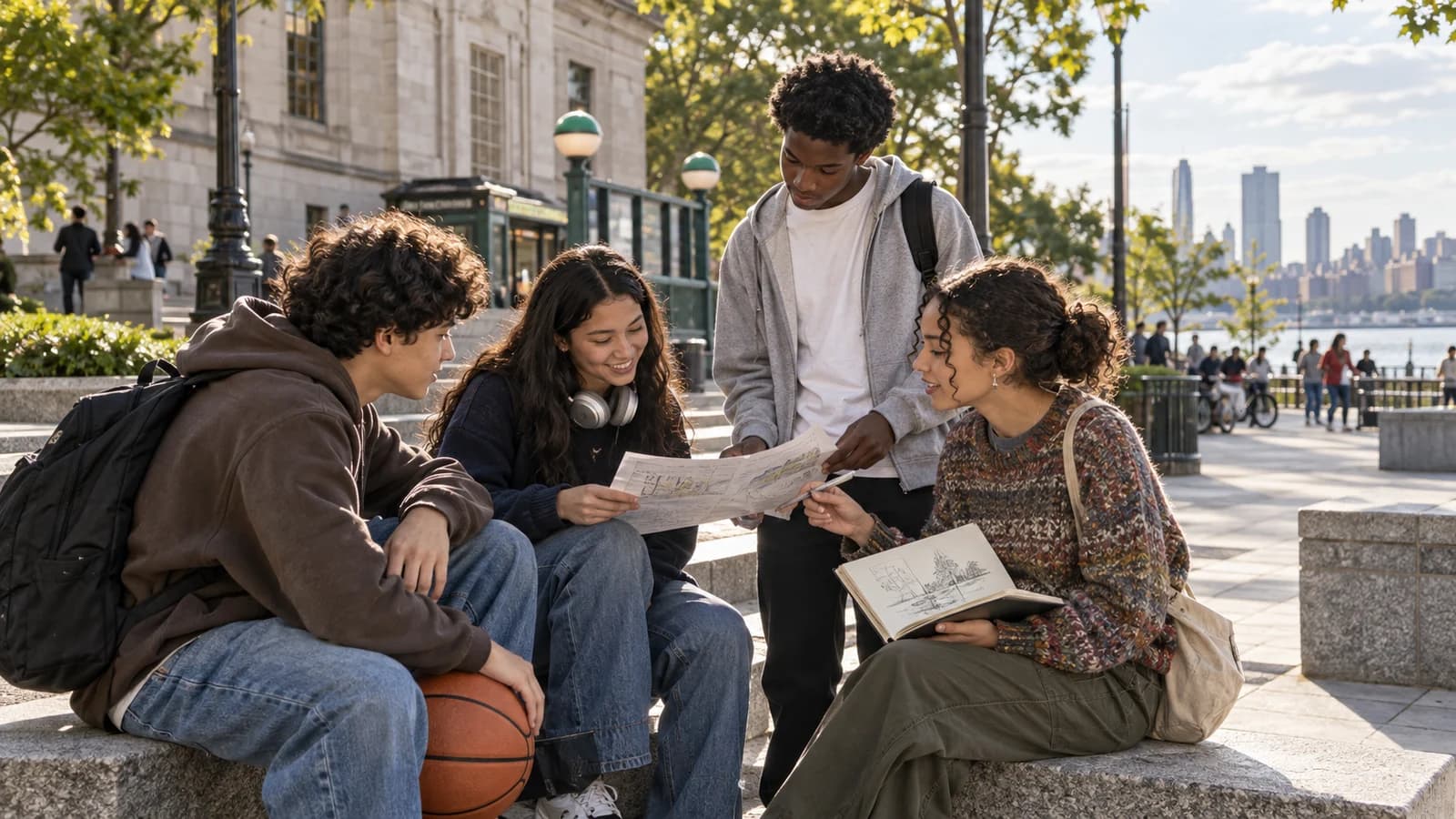 Four Brooklyn teens planning an afternoon together in a public plaza with creative and sports gear