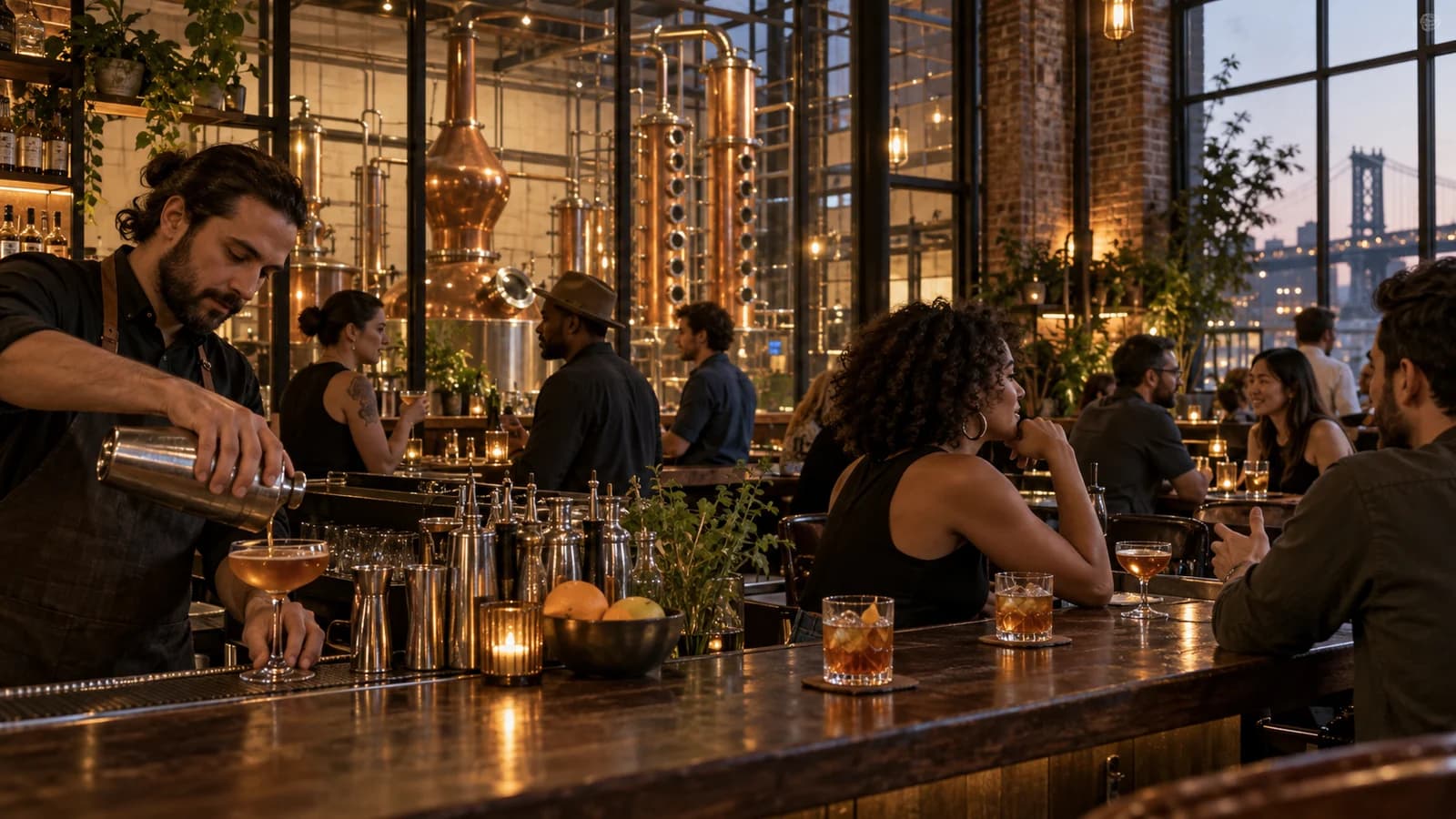 Original editorial image of cocktails served beside copper stills inside a Bushwick distillery bar