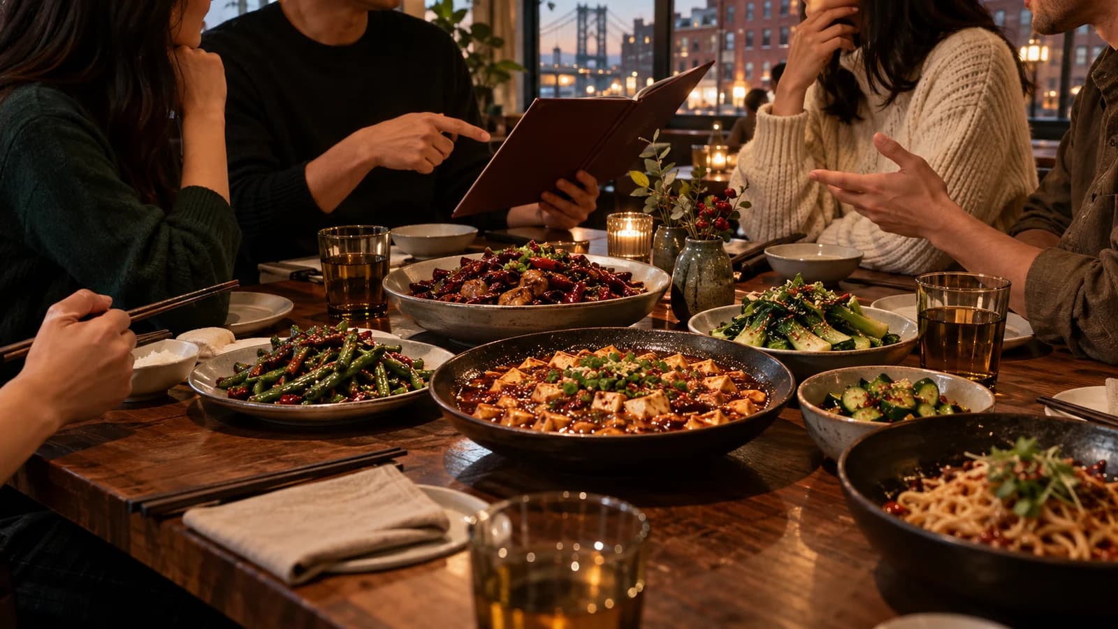 Original editorial scene of friends planning a balanced shared Sichuan meal in a warm Brooklyn dining room