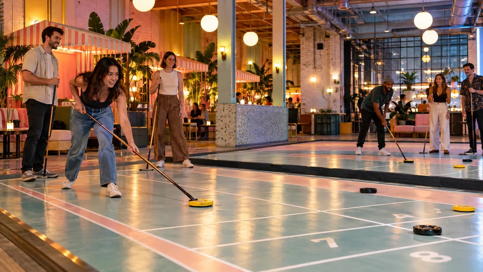 Original editorial scene of friends learning full-size floor shuffleboard in a colorful industrial recreation hall