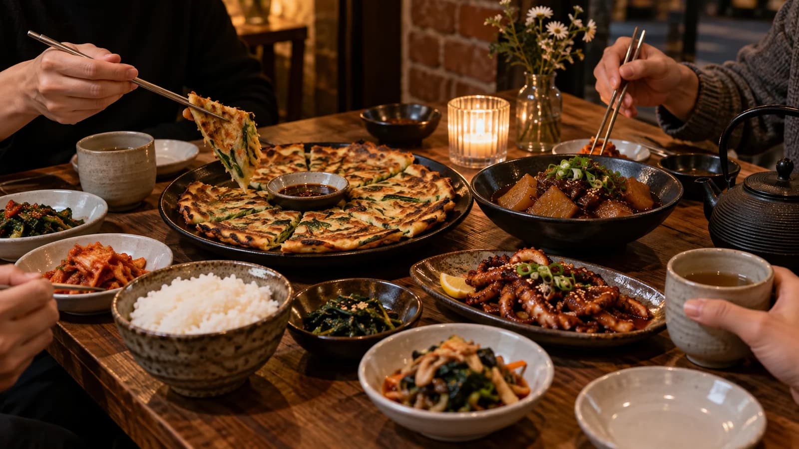 A shared Korean dinner with savory pancake, rice, vegetables, seafood and tea in a warm Park Slope restaurant