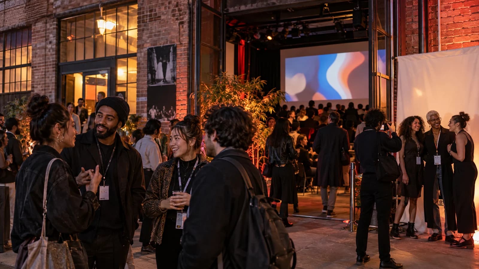 Independent filmmakers and moviegoers gathering outside a converted Bushwick cinema at night