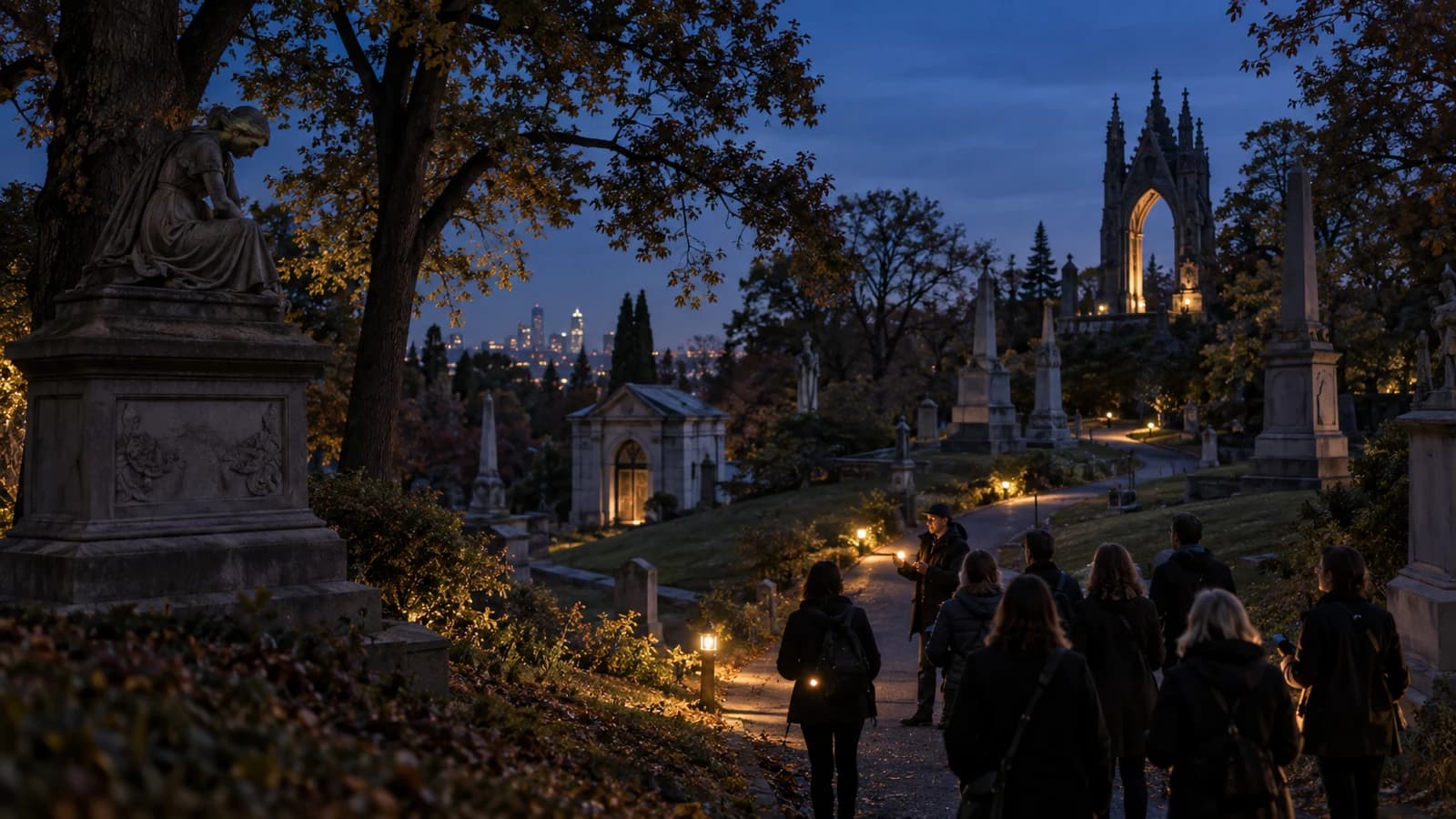 Original editorial scene of a respectful guided evening history walk through a hilly historic cemetery