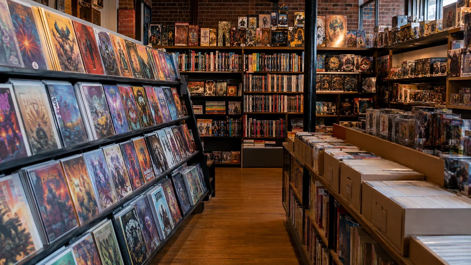 Brooklyn comic shop shelves with graphic novels, new issues, trading cards, and boxed collectible figures