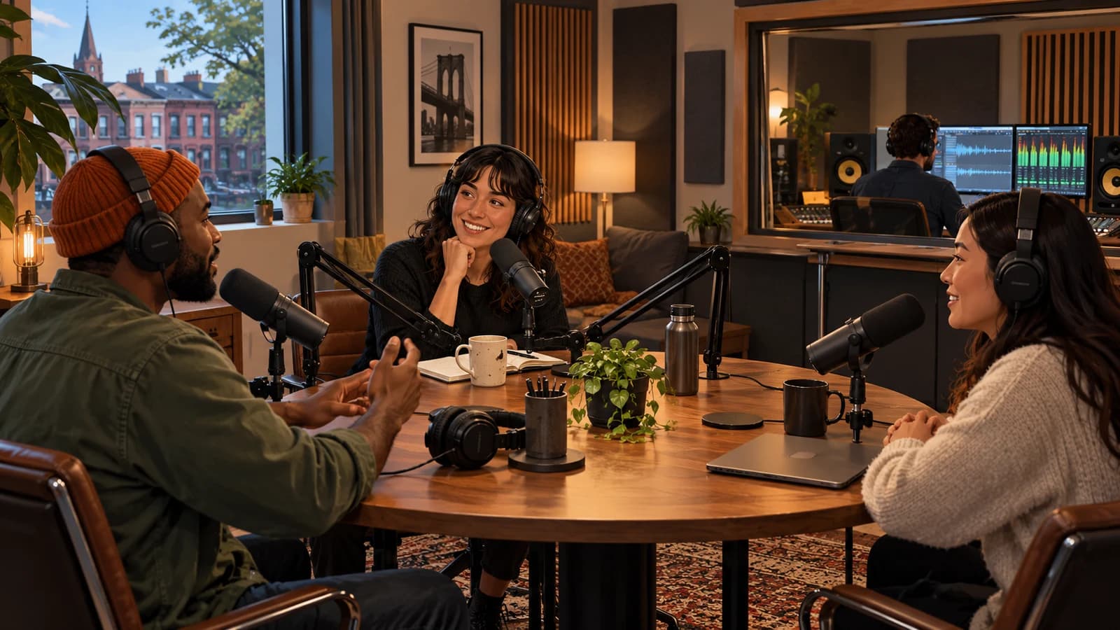 Illustration of a small group recording a podcast around a round broadcast desk while a producer monitors audio.