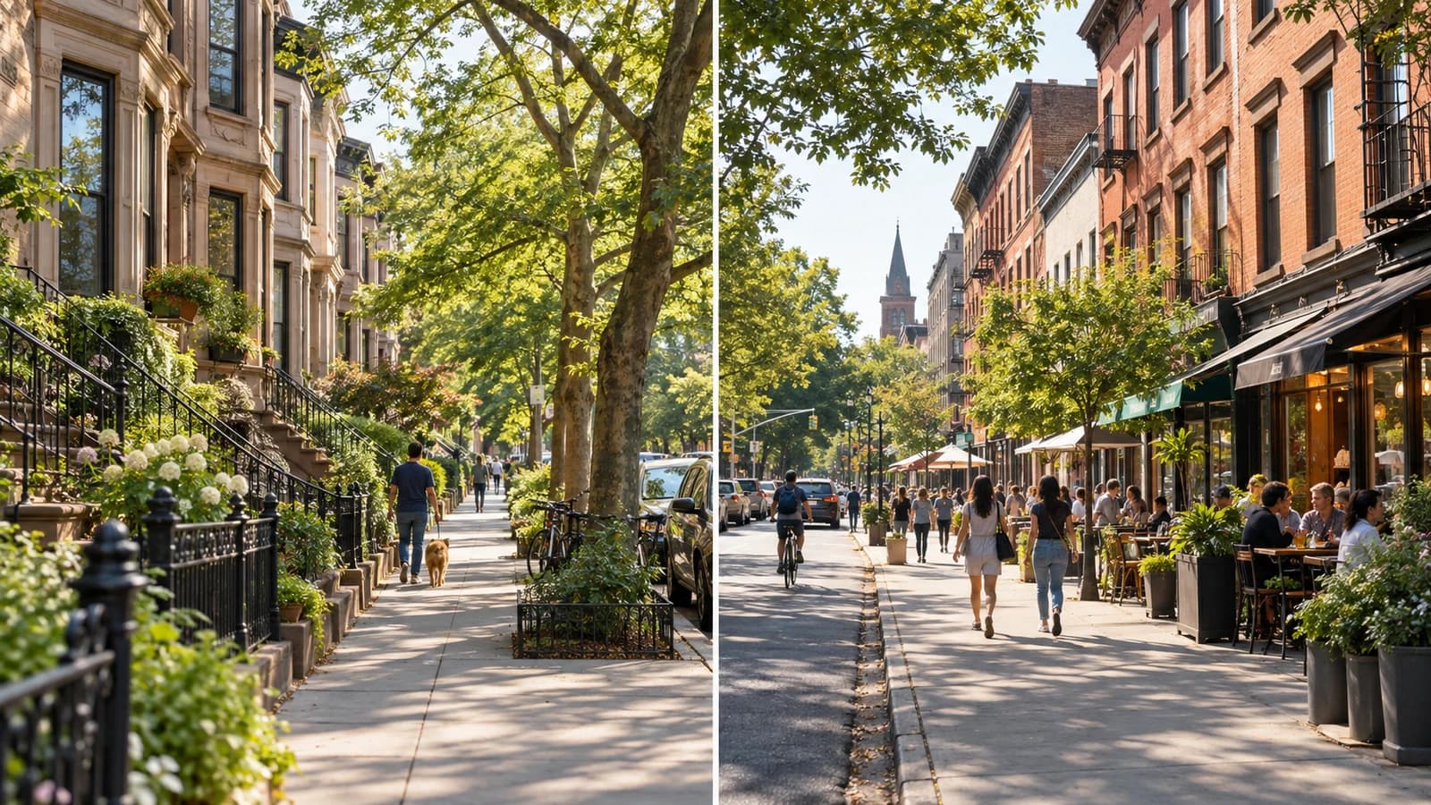 Balanced split editorial streetscape showing a quiet leafy block and a busier brownstone commercial avenue
