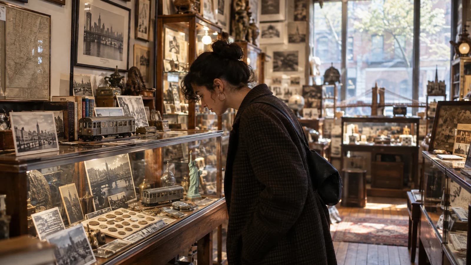 Original editorial image of a visitor studying New York ephemera in an intimate community museum