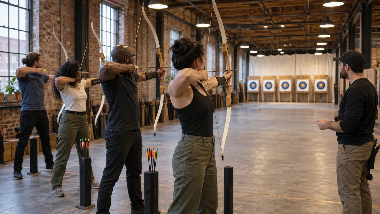 Original editorial image of adult beginners learning safe form at an indoor Brooklyn archery range