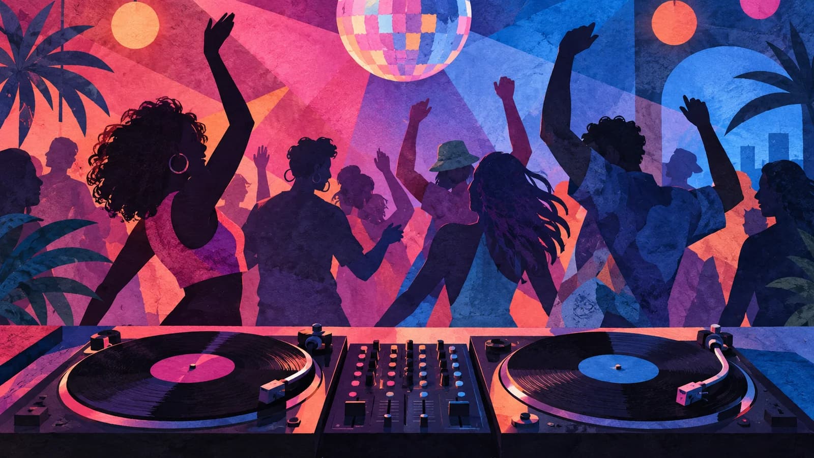 Conceptual editorial illustration of nightclub planning in Brooklyn; not a documentary depiction of Gabriela.
