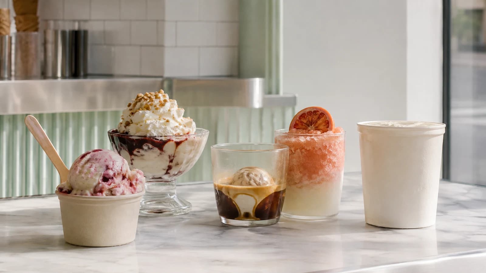 Ice cream sundae, affogato, granita, and rotating scoop flavors on a bright Greenpoint counter
