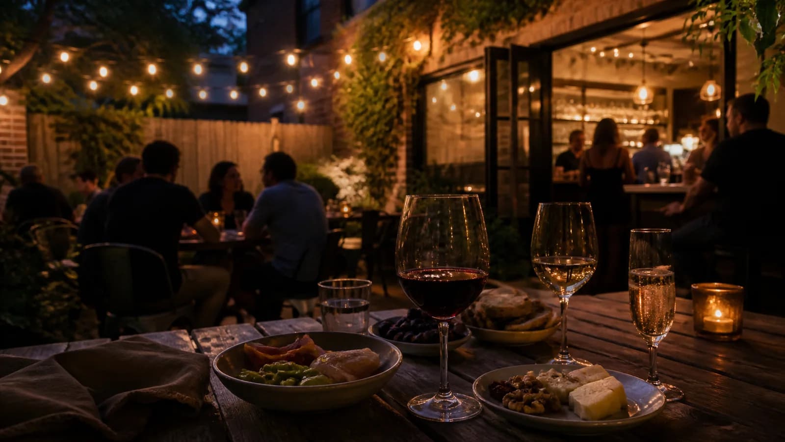 Wine and small plates on a softly lit leafy Brooklyn bar patio after dusk