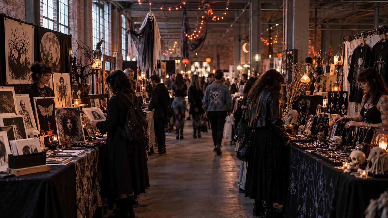 Original editorial scene of shoppers browsing eerie handmade prints, jewelry and apparel at a horror-themed industrial art market