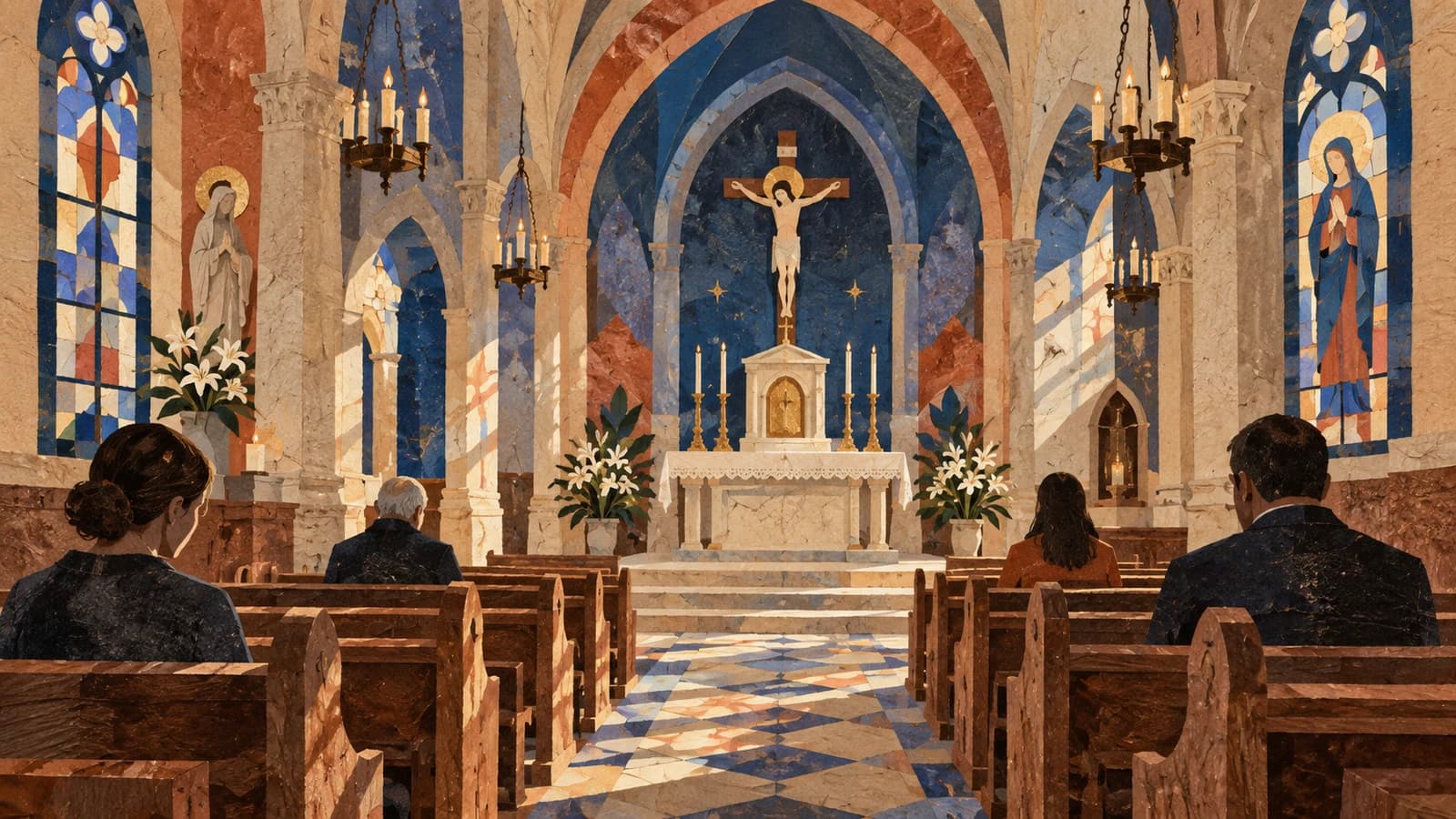 Conceptual editorial illustration of church planning in Brooklyn; not a documentary depiction of St. Finbar Catholic Church.