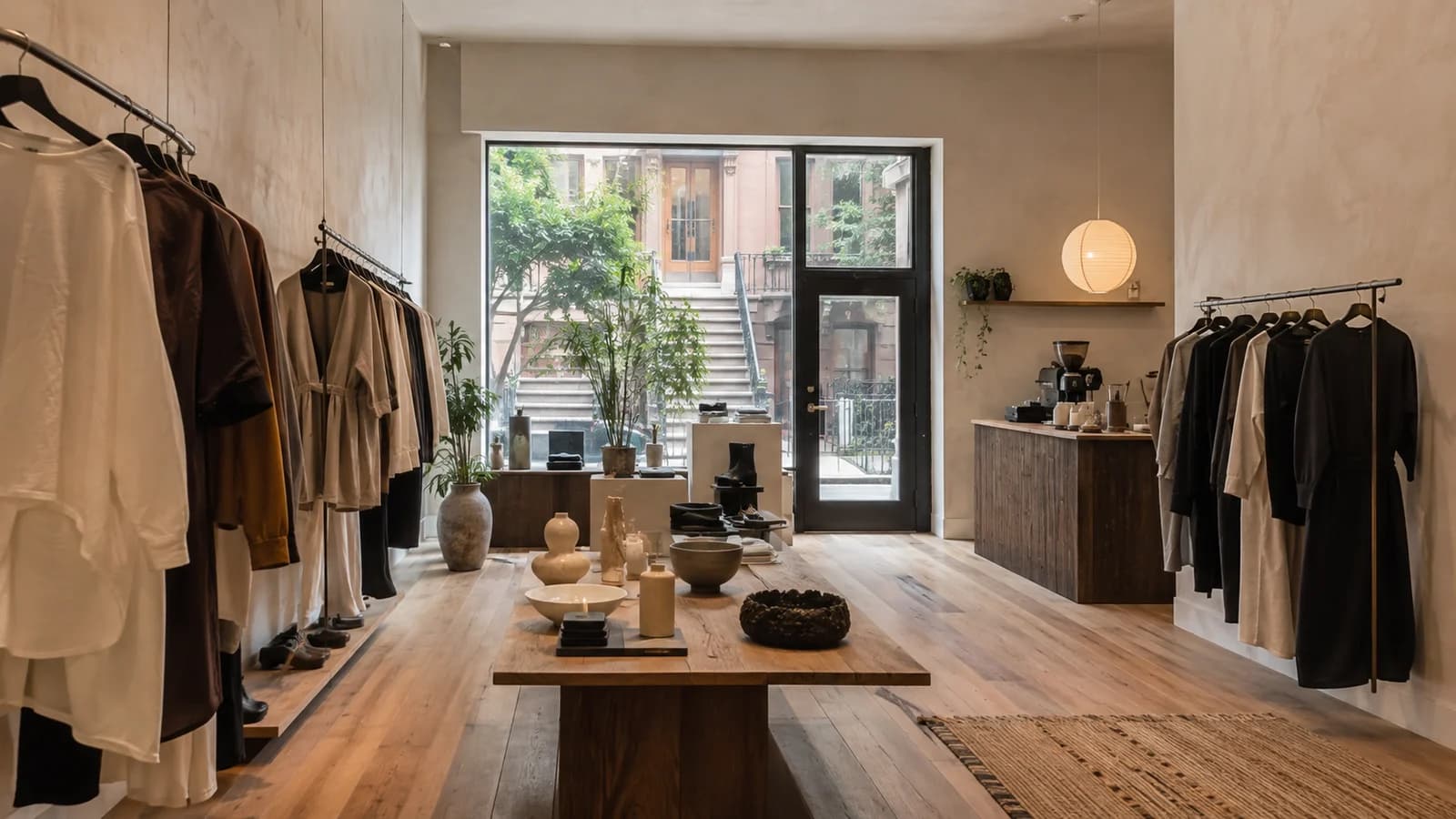 Minimal Bed-Stuy fashion boutique with clothing, ceramics, accessories, and a coffee counter