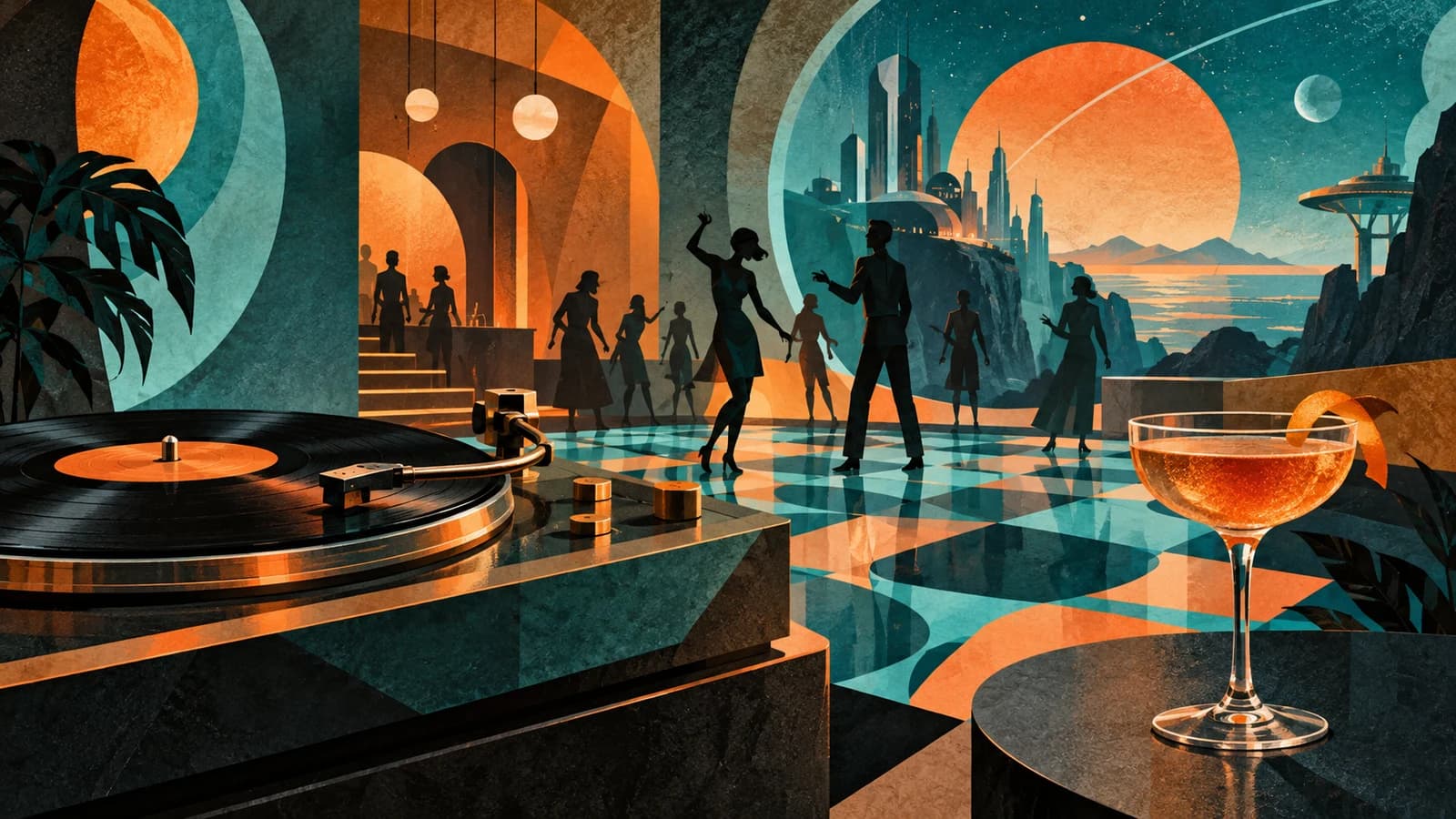 Conceptual editorial illustration for Jupiter Disco; not a documentary depiction of the venue.