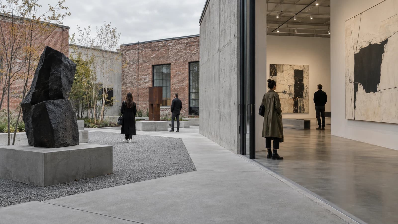 Original editorial scene of visitors moving between understated gallery buildings and abstract contemporary art