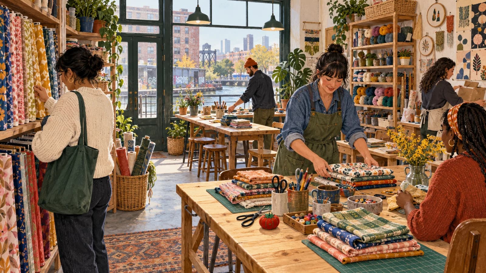 Illustration of a Gowanus craft studio shop with fabric, yarn, craft kits and adults preparing for a workshop.