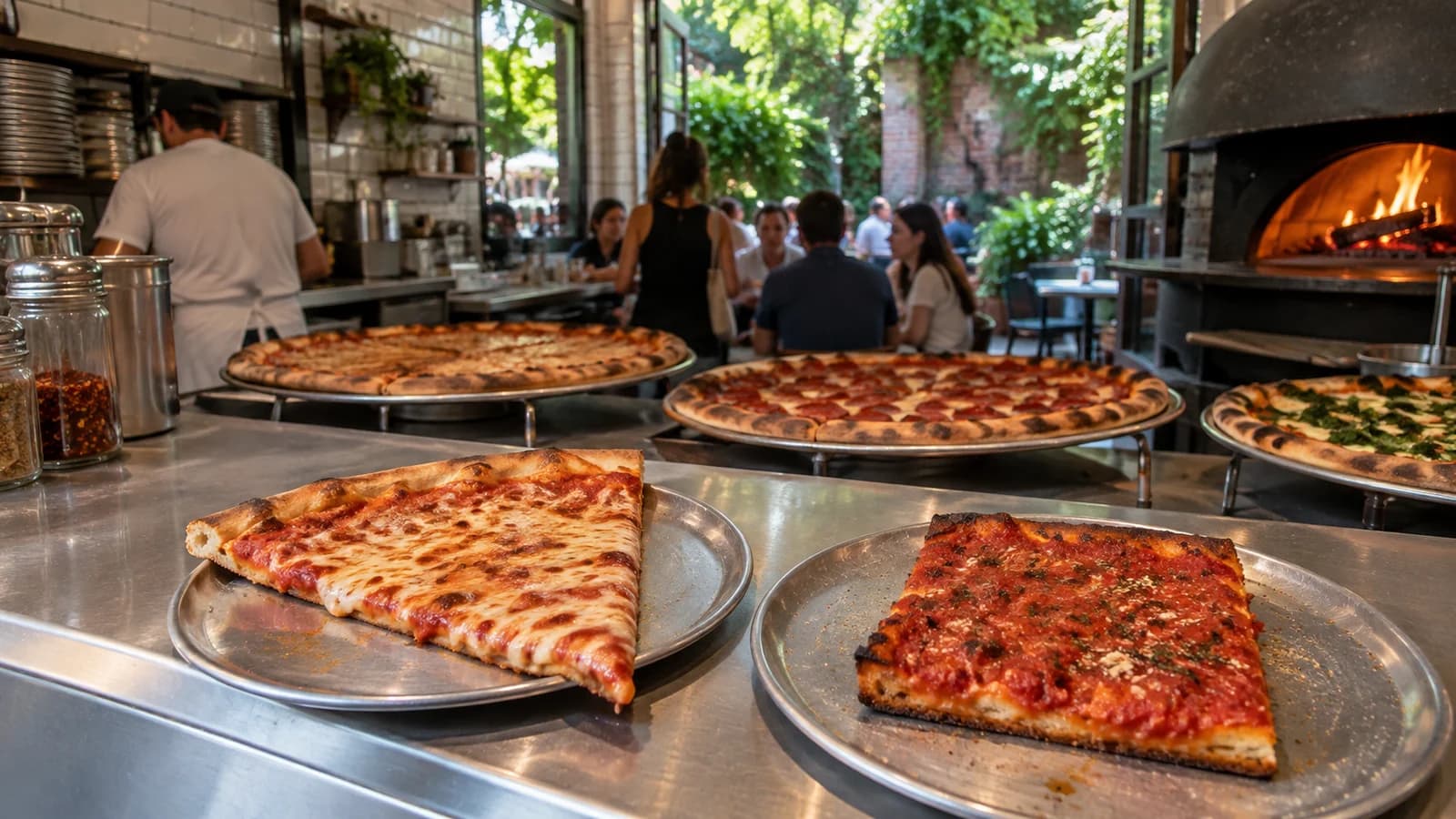 Triangular cheese slice and square tomato slice on metal trays at a bright Brooklyn pizzeria counter with a leafy garden beyond