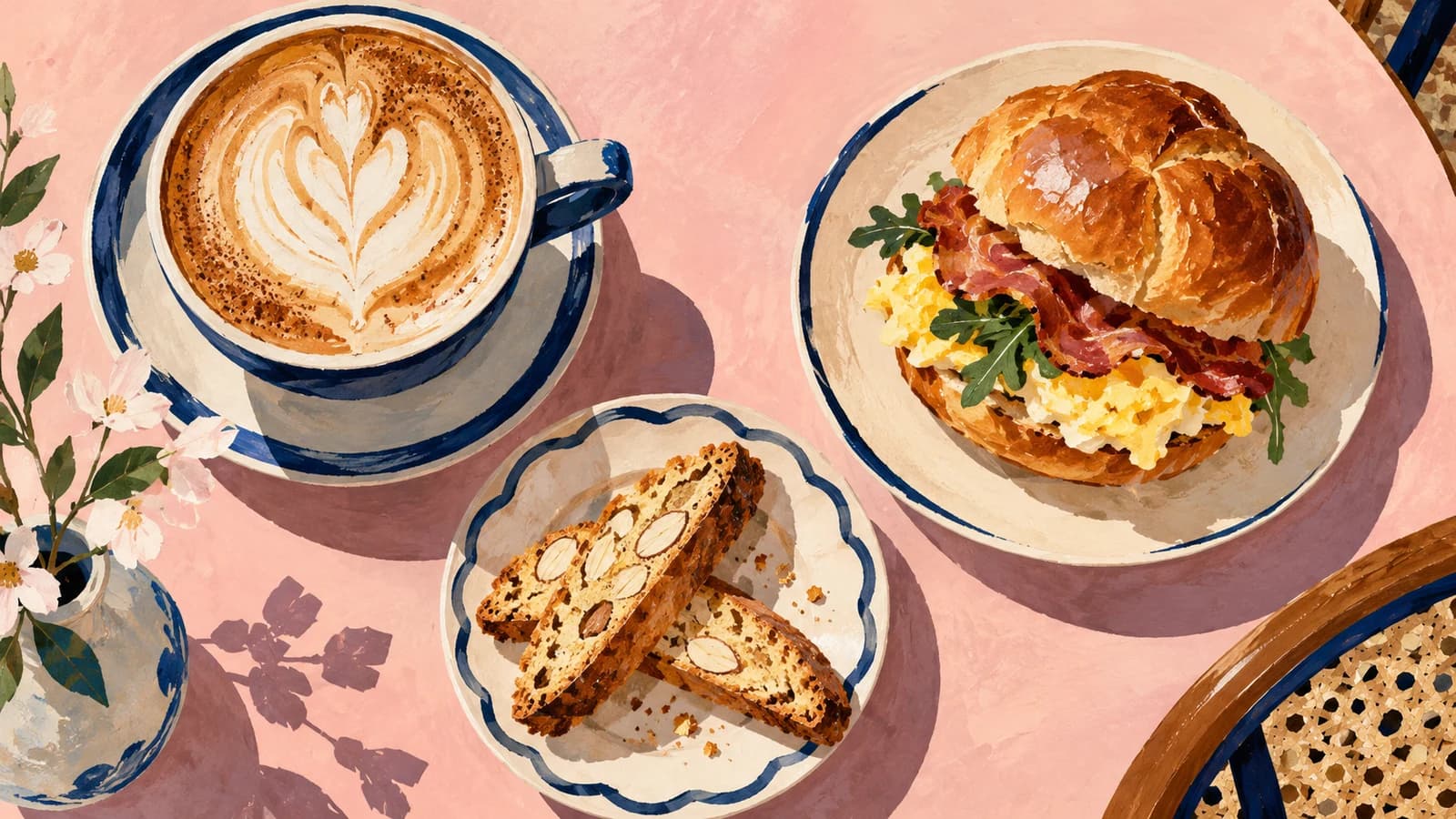 Conceptual editorial illustration: coffee, biscotti and a breakfast sandwich