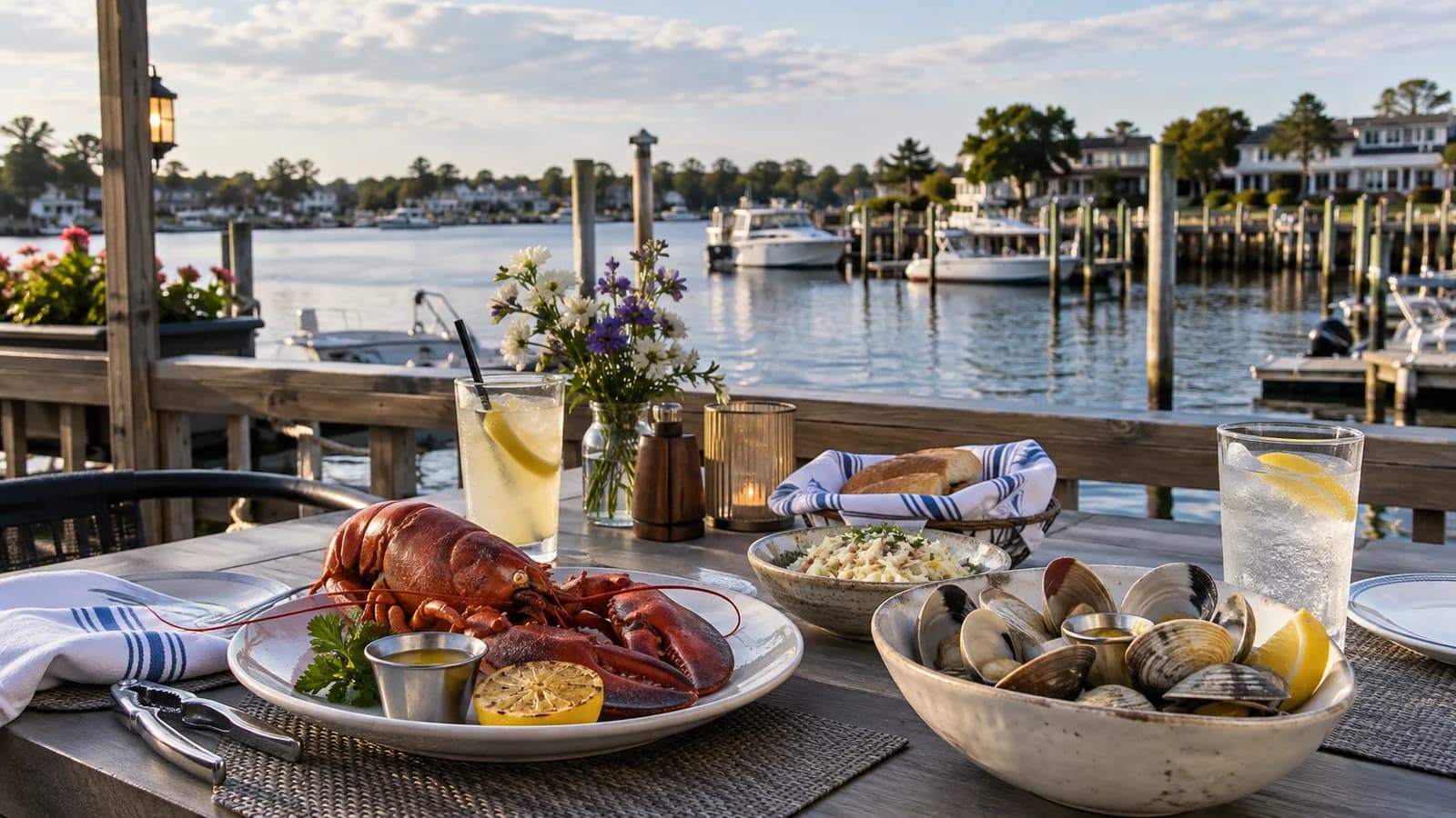 Original editorial image of a lobster and clam dinner on a deck overlooking the Mill Basin waterfront