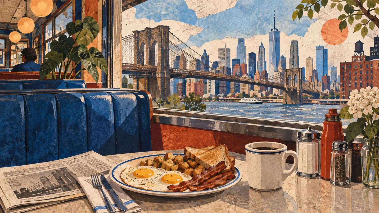 Conceptual editorial illustration of diner planning in Brooklyn; not a documentary depiction of Bridgeview Diner.